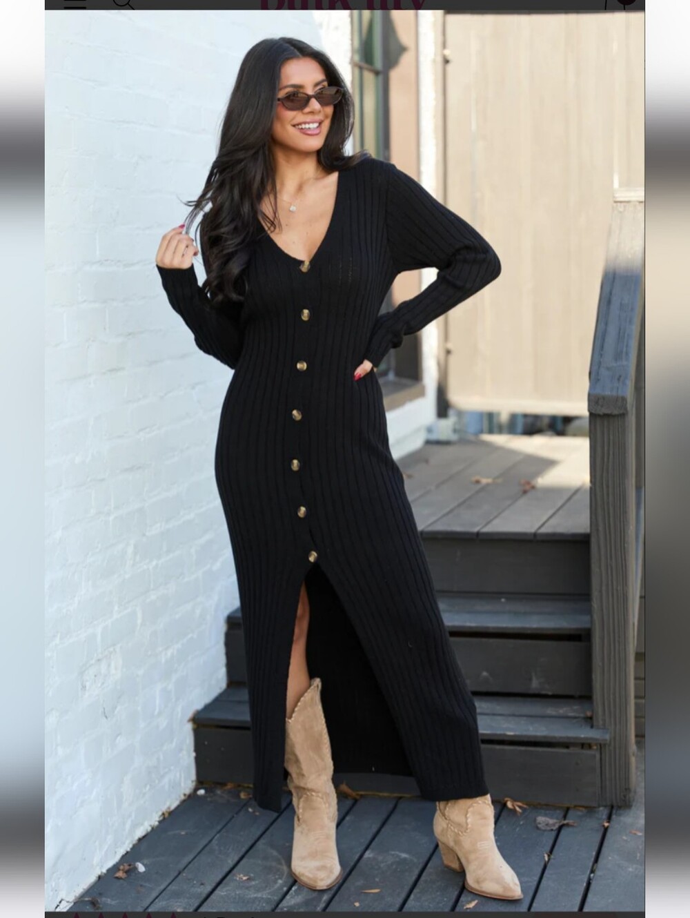 Pink Lily Alannah Black Button Front Sweater Dress